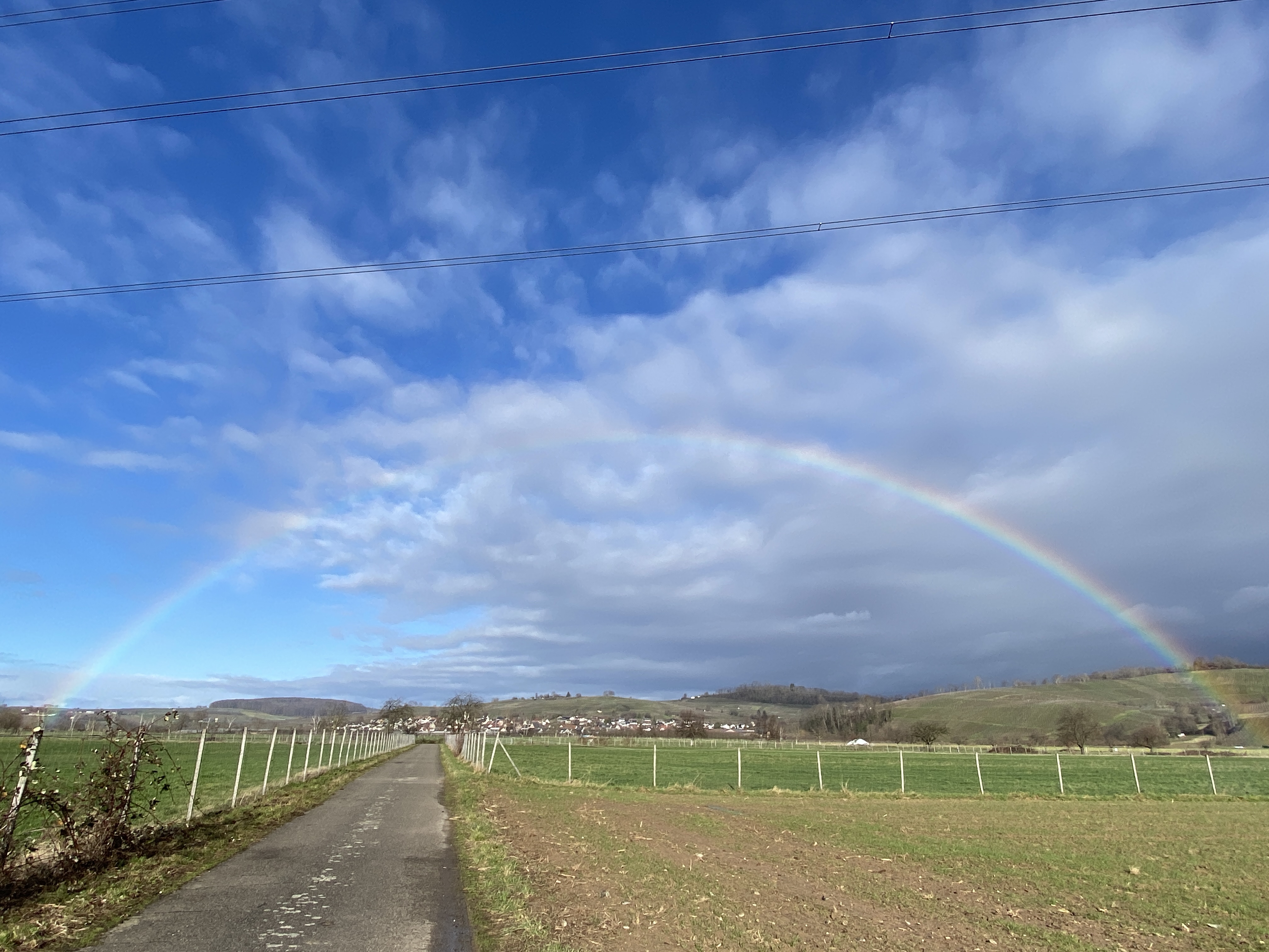 Ein Weg, links und rechts Felder. Über den Ort Fischingen und die Weinberge spannt sich ein Regenbogen.