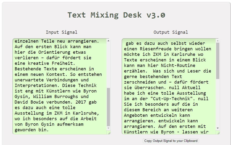 Screenshot meines Textes in Text Mixing Desk eingegeben.