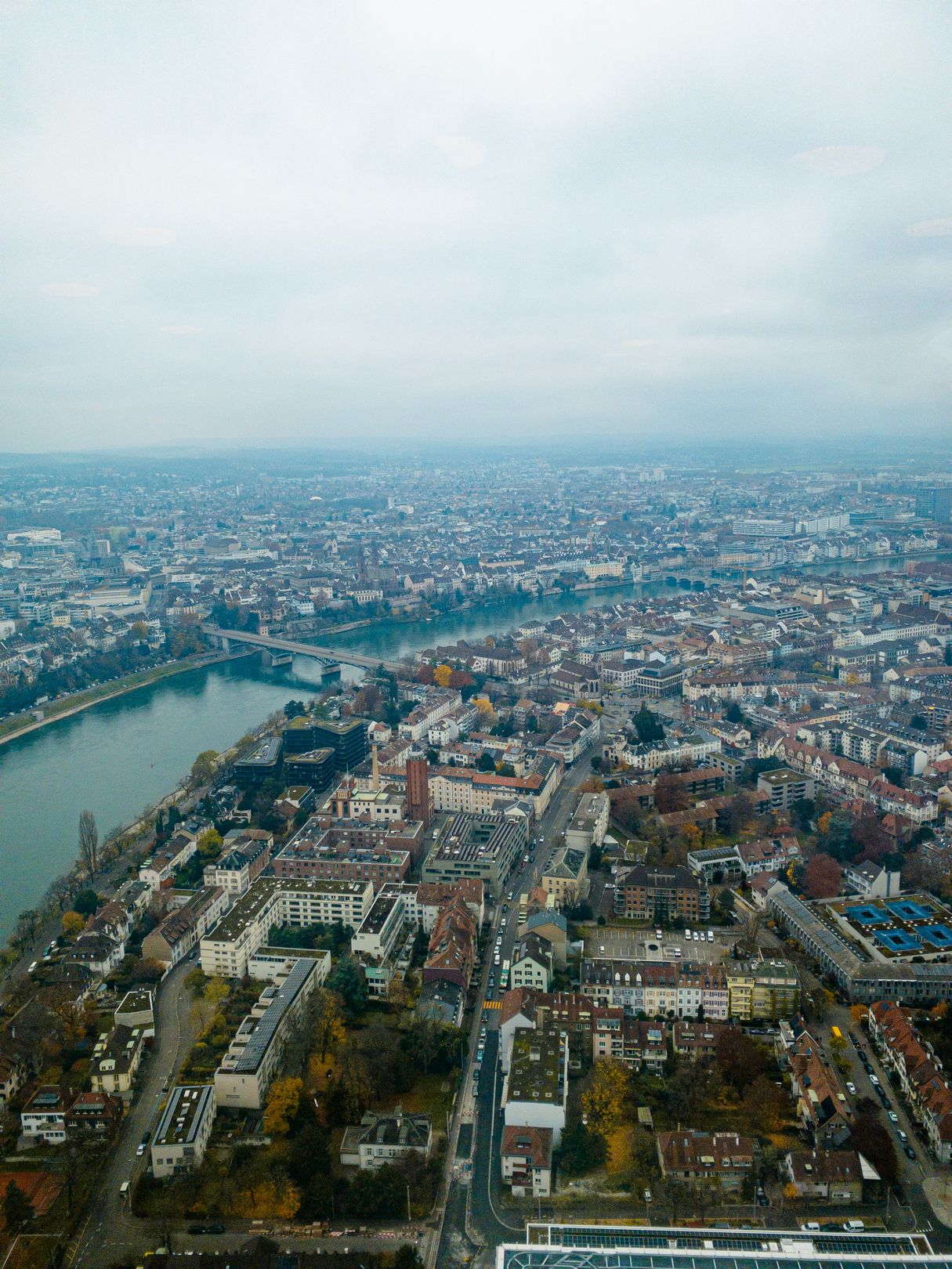 Blick auf Basel (Klein- und Großbasel) und den Rhein in Richtung Norden