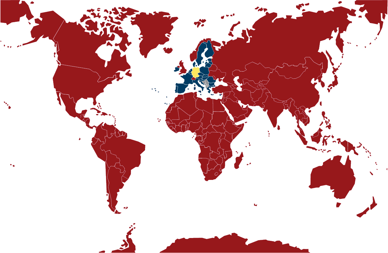 Grafik Weltkarte mit Darstellung des Geltungsbereichs des Gesetzes.